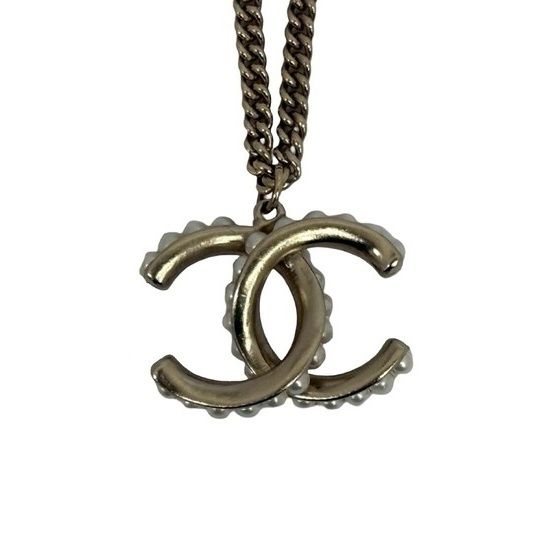 Chanel Necklace CC Logo Champagne Gold Metal Faux Pearl — view 2