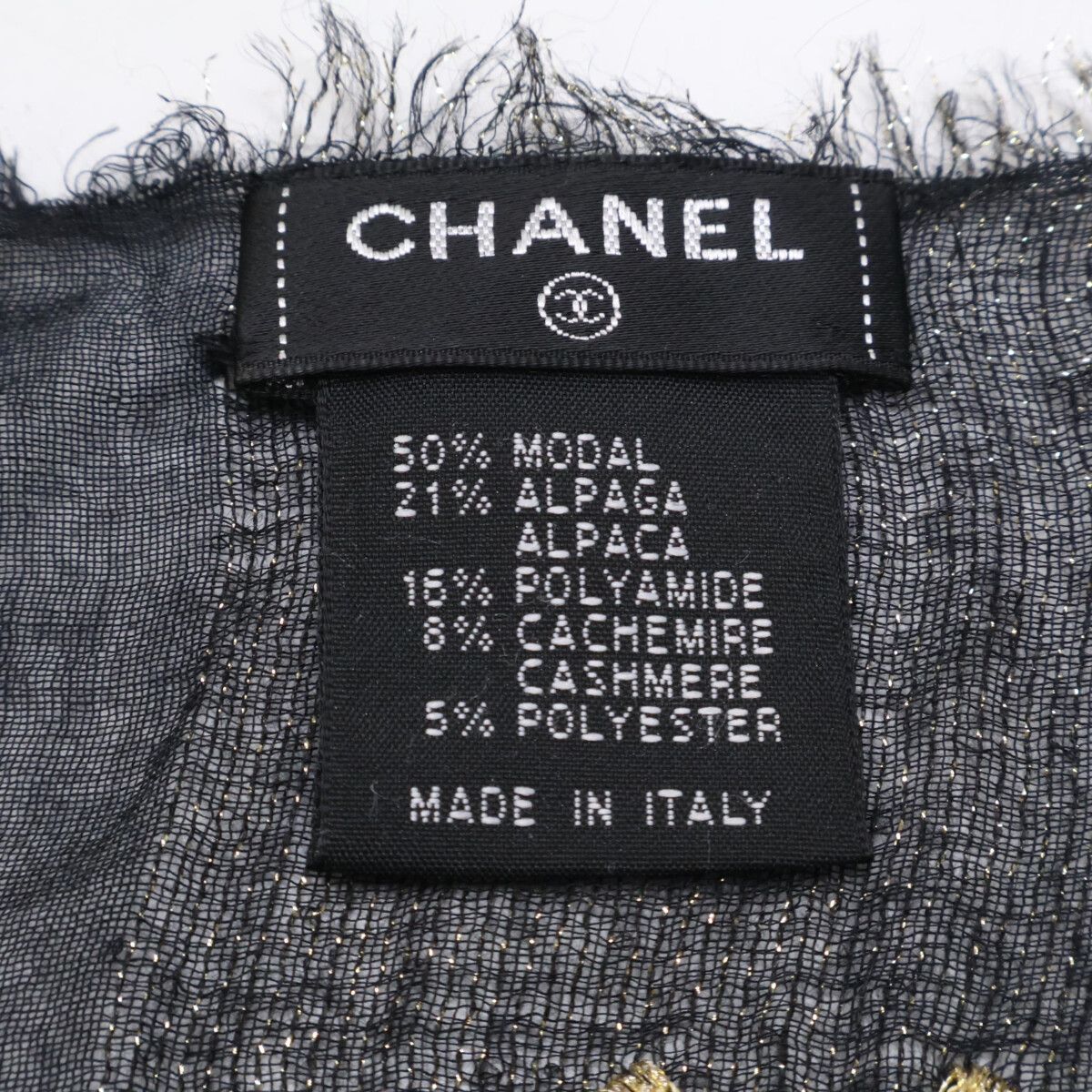 Chanel CC Logo Gold Glitter Embroidery Cashmere Blend Scarf — view 2