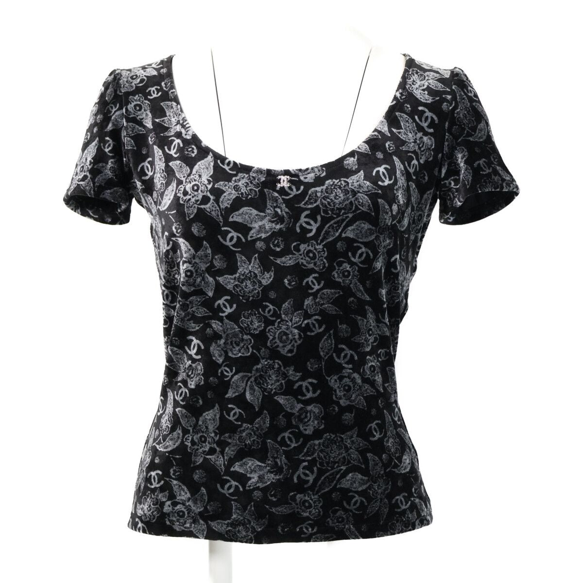Chanel Velour Line Stone CC Logo Allover Pattern Short Sleeve Top 38
