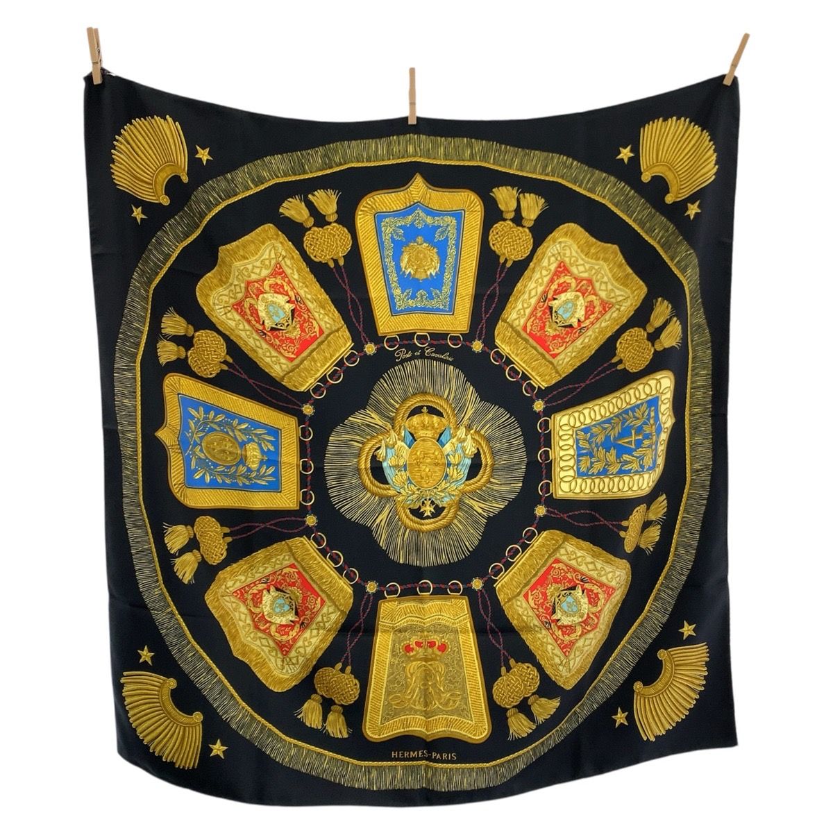 Hermes Poste Et Cavalerie Carre 90 Black Multicolor Silk Scarf
