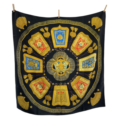 Hermes Poste Et Cavalerie Carre 90 Black Multicolor Silk Scarf