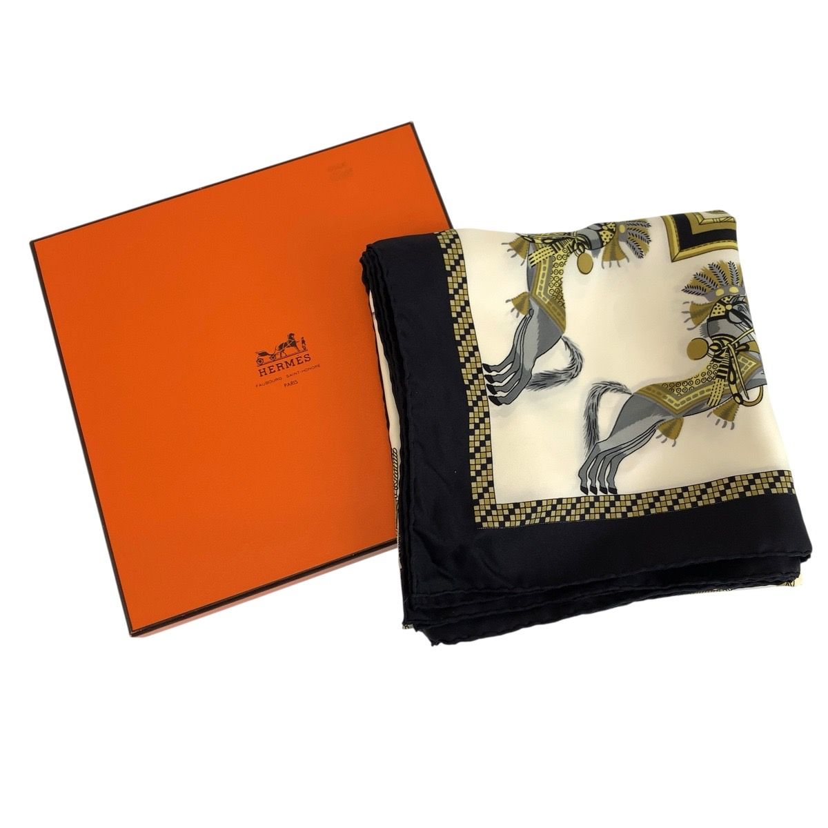 Hermes Harnais Francais Premier Carre 90 White Black Multicolor Silk Scarf — view 9