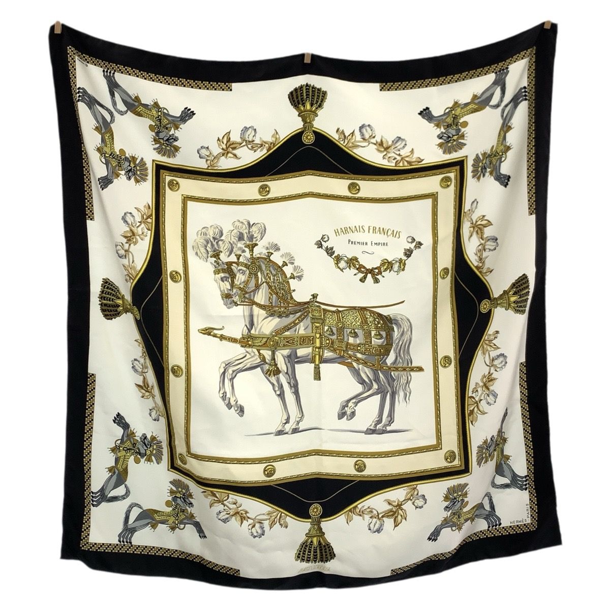 Hermes Harnais Francais Premier Carre 90 White Black Multicolor Silk Scarf