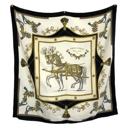 Hermes Harnais Francais Premier Carre 90 White Black Multicolor Silk Scarf