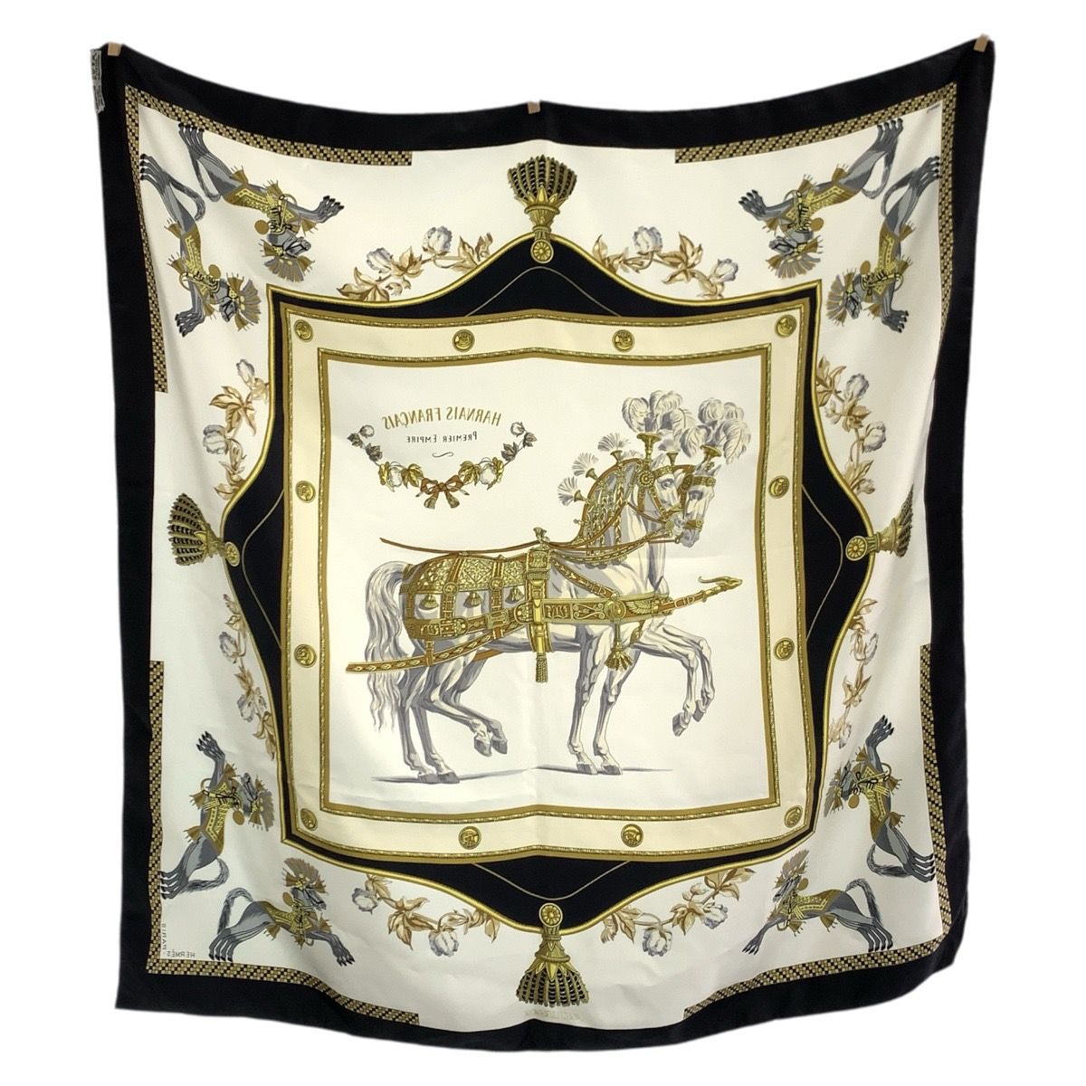 Hermes Harnais Francais Premier Carre 90 White Black Multicolor Silk Scarf — view 2
