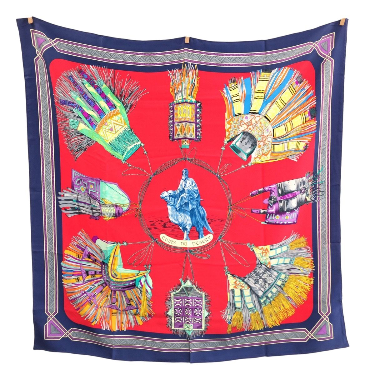 Hermes Cuirs du Desert Leather Ornament Carre 90 Red Blue Multicolor Silk Scarf