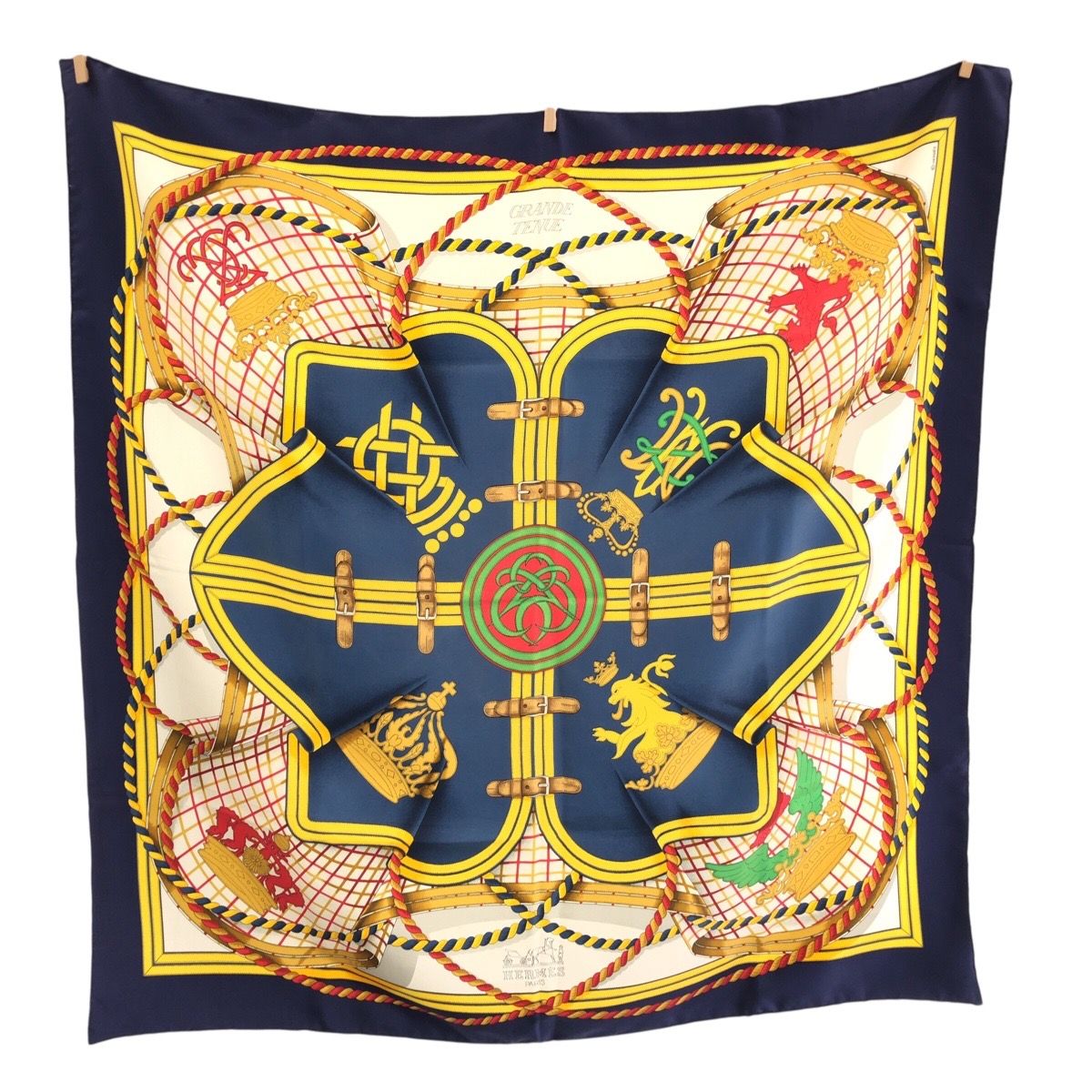Hermes Grande Tenue Carre 90 Navy Yellow Multicolor Silk Scarf