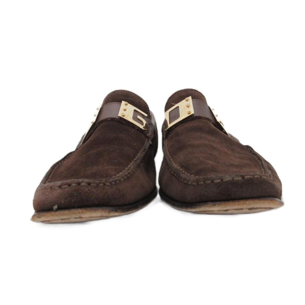 Dolce & Gabbana Suede Loafers Logo Plate Slip on Leather Gold 5 Brown — view 4