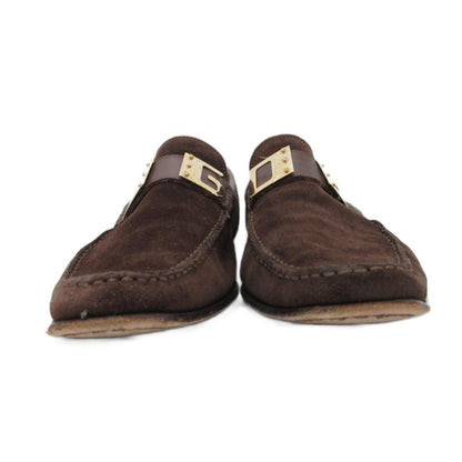 Dolce & Gabbana Suede Loafers Logo Plate Slip on Leather Gold 5 Brown — view 4