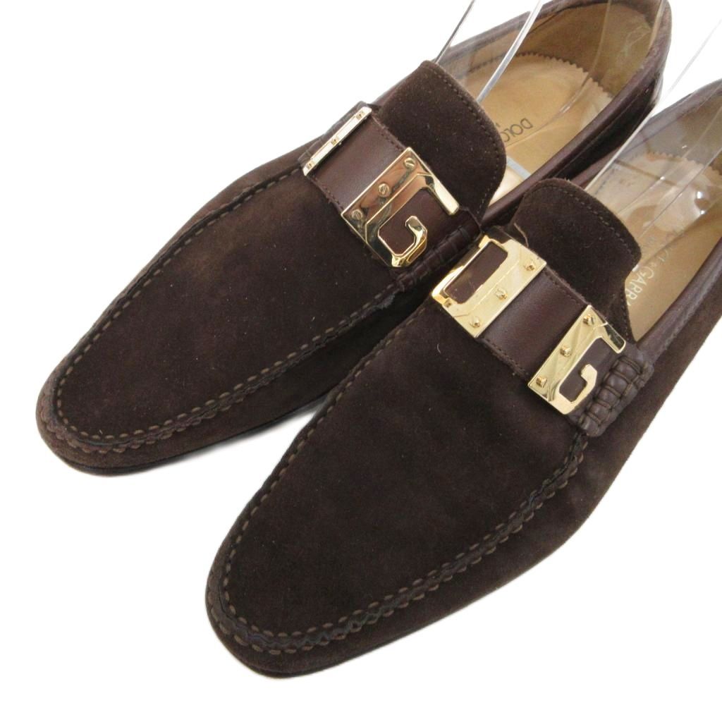 Dolce & Gabbana Suede Loafers Logo Plate Slip on Leather Gold 5 Brown — view 5