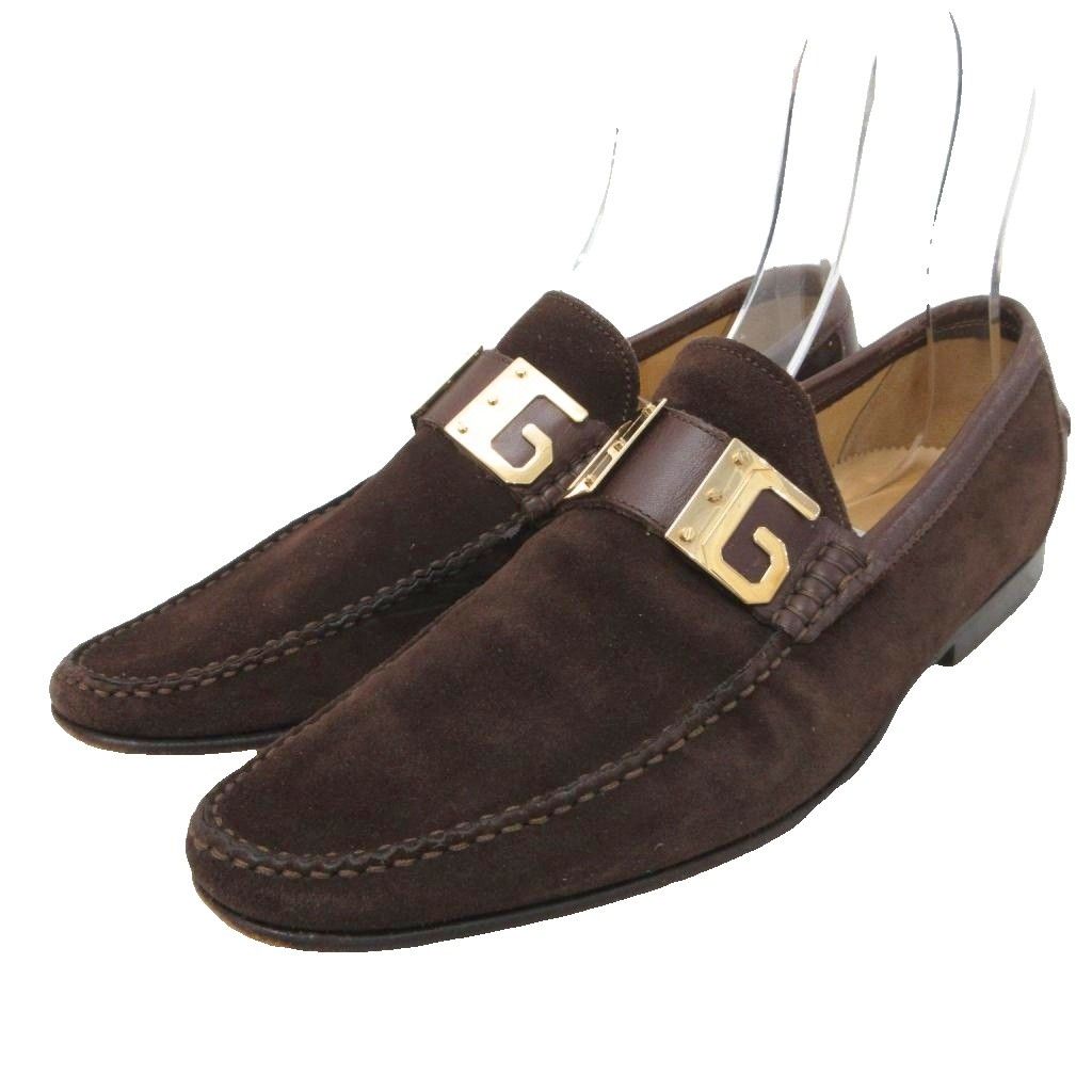 Dolce & Gabbana Suede Loafers Logo Plate Slip on Leather Gold 5 Brown