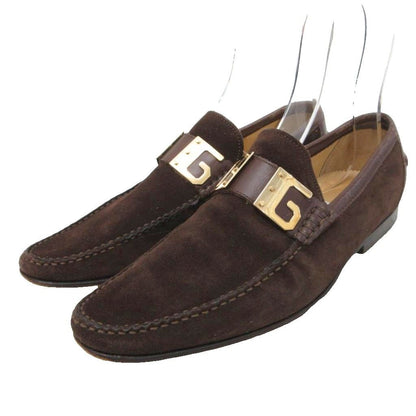 Dolce & Gabbana Suede Loafers Logo Plate Slip on Leather Gold 5 Brown