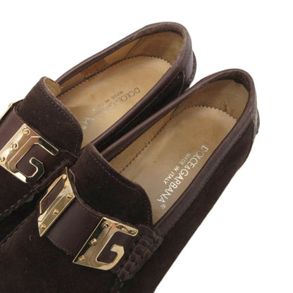 Dolce & Gabbana Suede Loafers Logo Plate Slip on Leather Gold 5 Brown — view 6