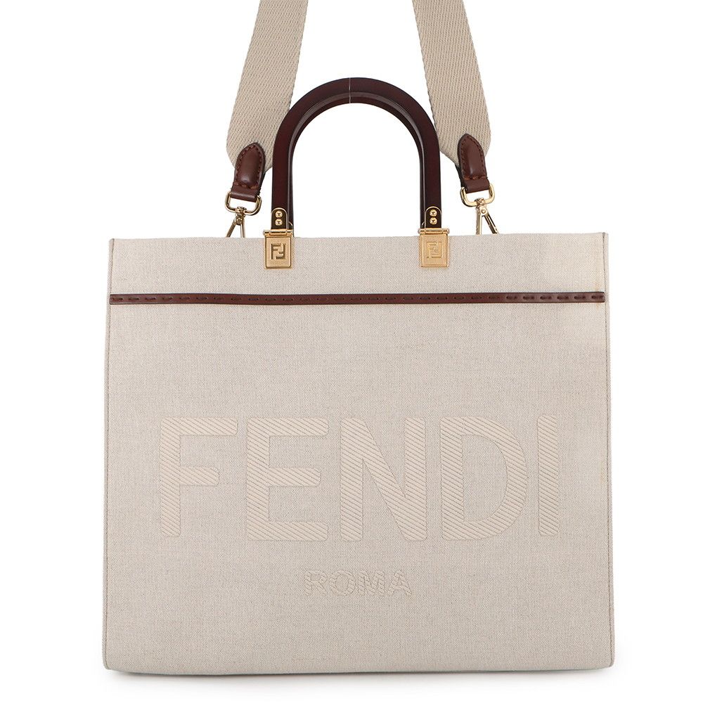 Fendi Tote Sunshine Canvas Leather 2-Way Shoulder Bag