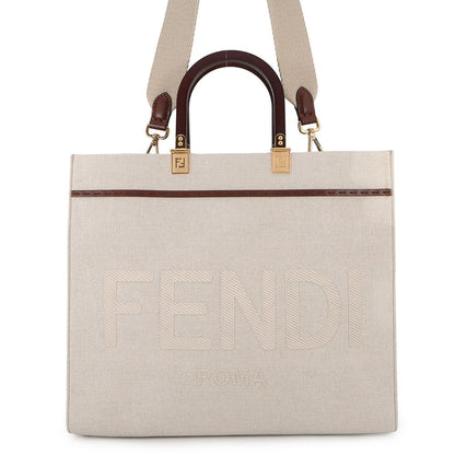 Fendi Tote Sunshine Canvas Leather 2-Way Shoulder Bag