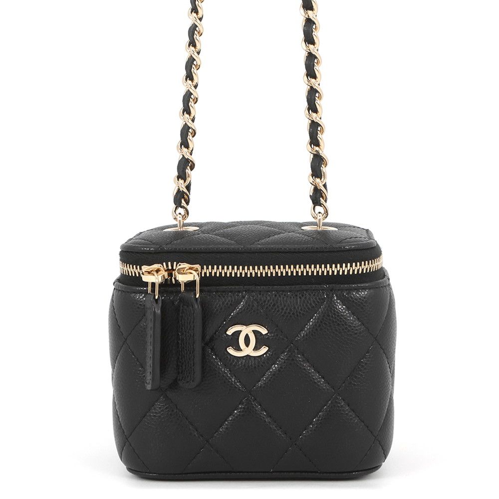 Chanel Chain Shoulder Bag Quilted CC Logo Vanity Caviar Leather Black