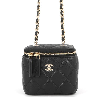 Chanel Chain Shoulder Bag Quilted CC Logo Vanity Caviar Leather Black