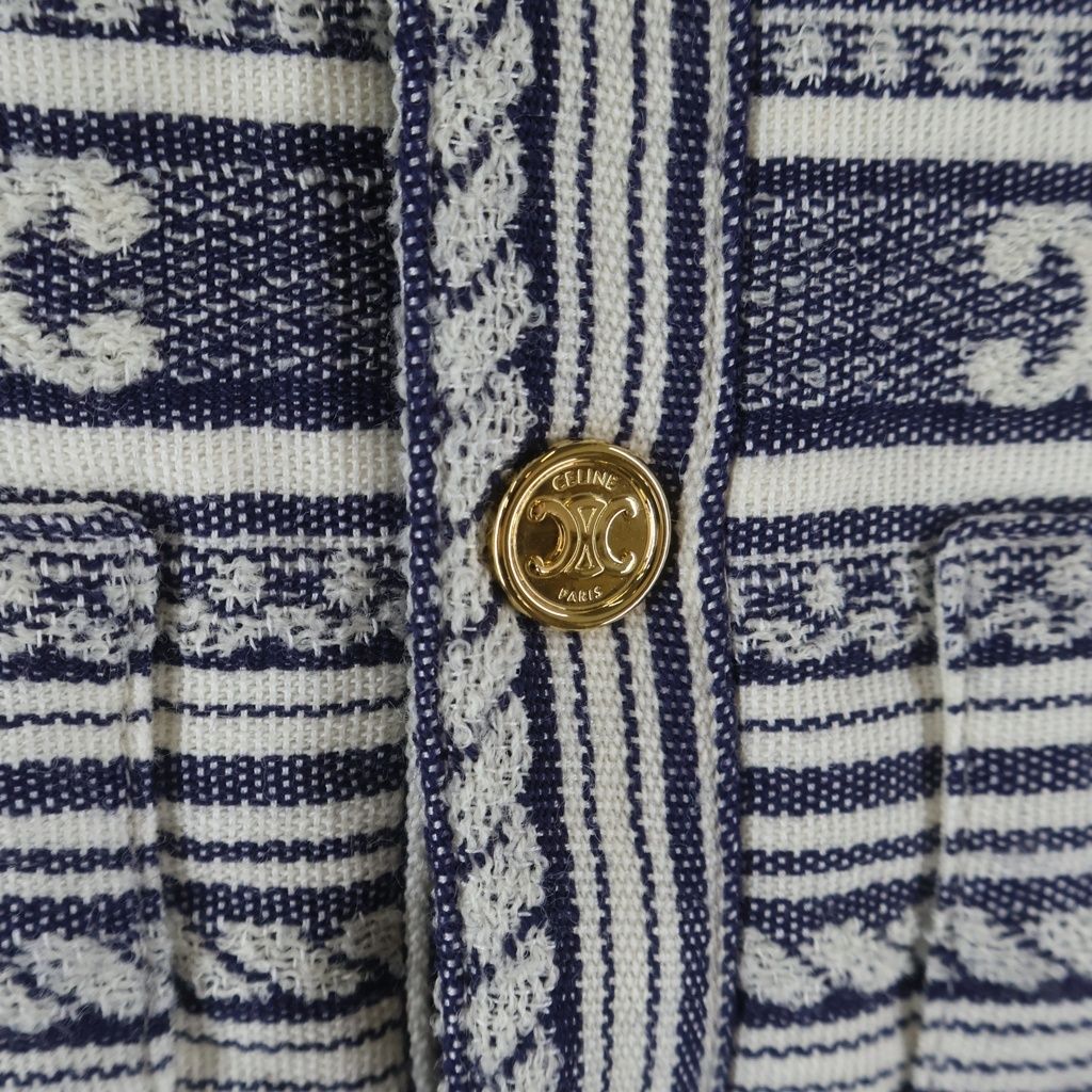 Celine Baja Cardigan Jacket Triomphe Collarless Navy White — view 6