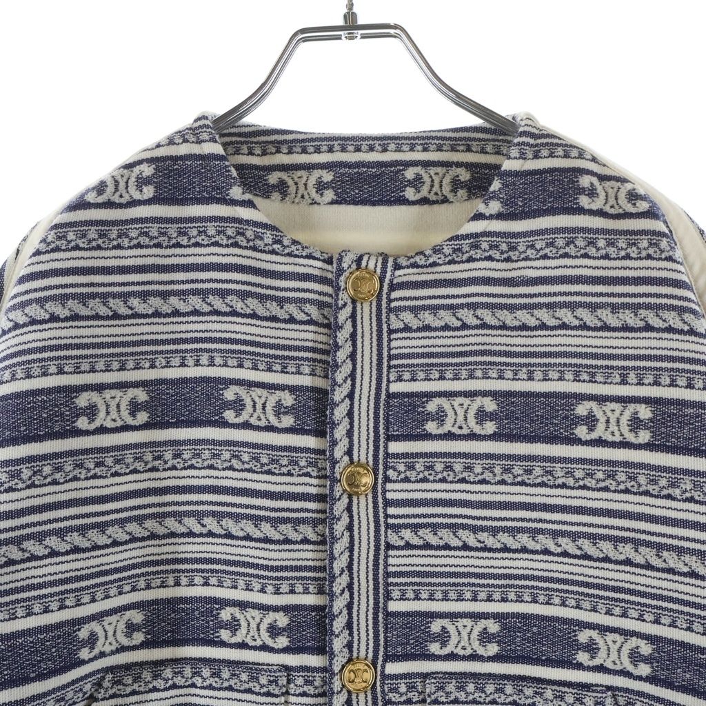 Celine Baja Cardigan Jacket Triomphe Collarless Navy White — view 3
