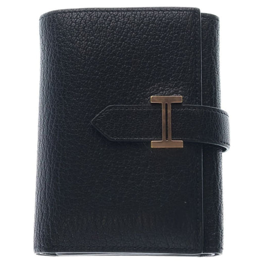 Hermes Bearn Compact Leather Silver Trifold Wallet Black