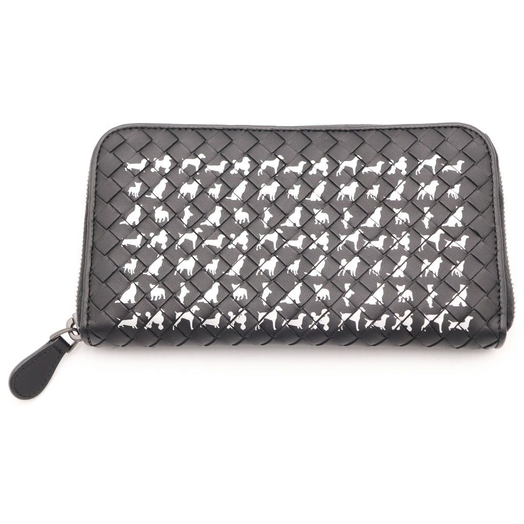 Bottega Veneta Intrecciato Dog Pattern Round Zip Leather Wallet Black
