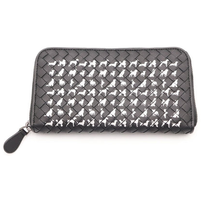 Bottega Veneta Intrecciato Dog Pattern Round Zip Leather Wallet Black