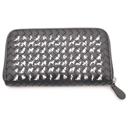 Bottega Veneta Intrecciato Dog Pattern Round Zip Leather Wallet Black — view 2