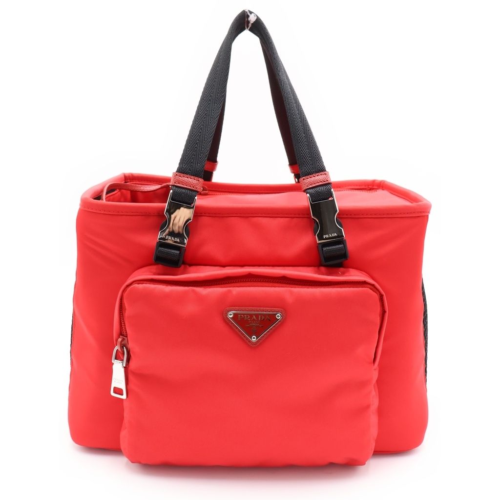 Prada Pet Bag Handbag Red Nylon Tessuto Silver