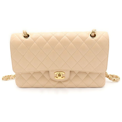 Chanel Quilted 25 Double Flap Chain Shoulder Bag Beige Caviar Leather Gold