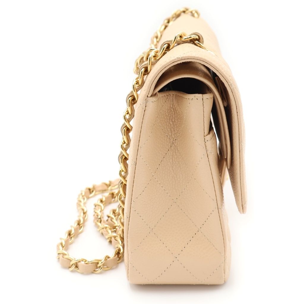 Chanel Quilted 25 Double Flap Chain Shoulder Bag Beige Caviar Leather Gold — view 3