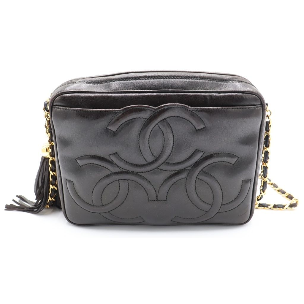 Chanel Triple CC Logo Fringe Chain Shoulder Bag Black Lambskin Gold
