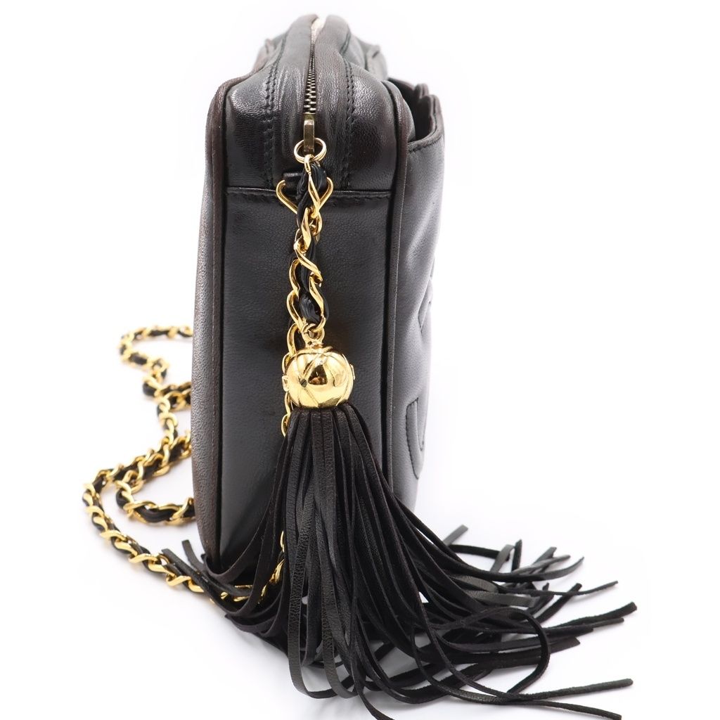 Chanel Triple CC Logo Fringe Chain Shoulder Bag Black Lambskin Gold — view 3