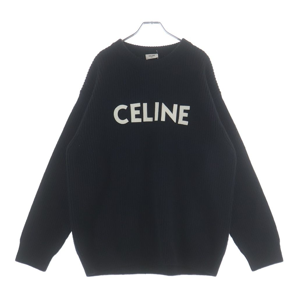 Celine Logo Oversize Ribbed Knit Black Wool Sweater