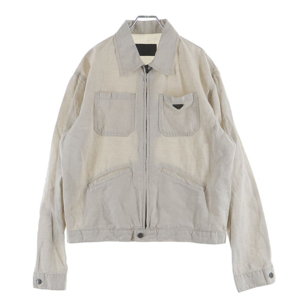 Prada Triangle Logo Zip Up Linen Neutral Chambray Jacket Beige