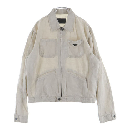 Prada Triangle Logo Zip Up Linen Neutral Chambray Jacket Beige