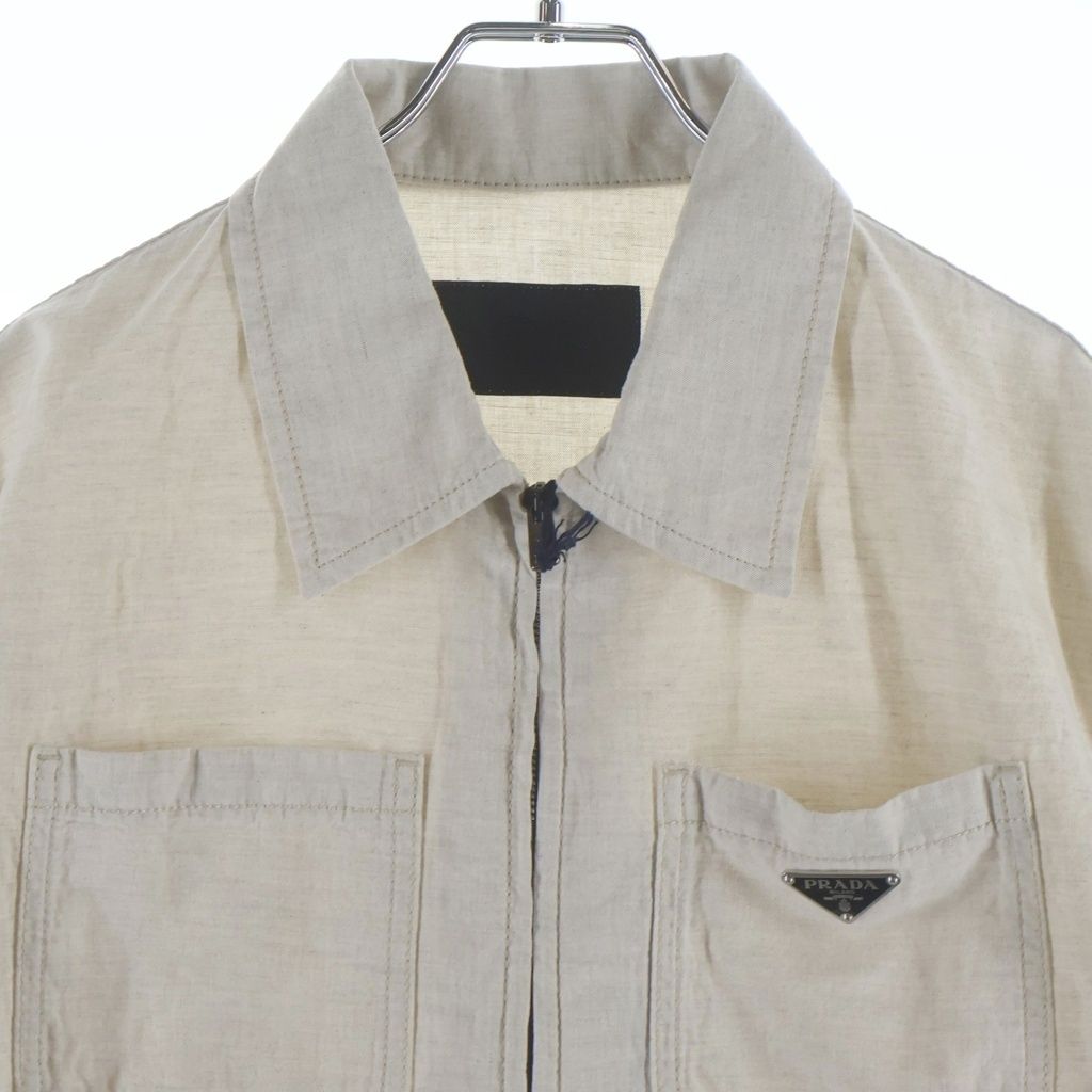 Prada Triangle Logo Zip Up Linen Neutral Chambray Jacket Beige — view 3