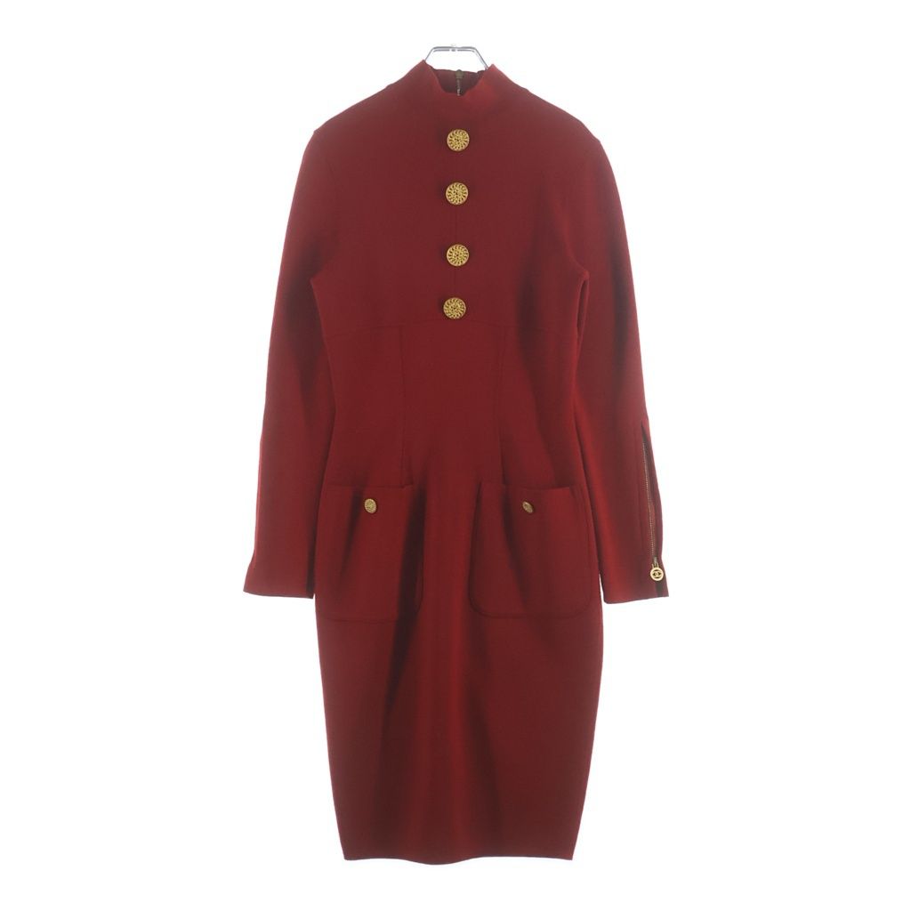 Chanel CC Logo Chain Button Back Zip Wool Knit Long Dress Red