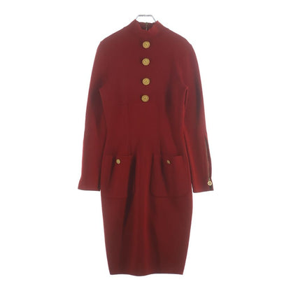 Chanel CC Logo Chain Button Back Zip Wool Knit Long Dress Red