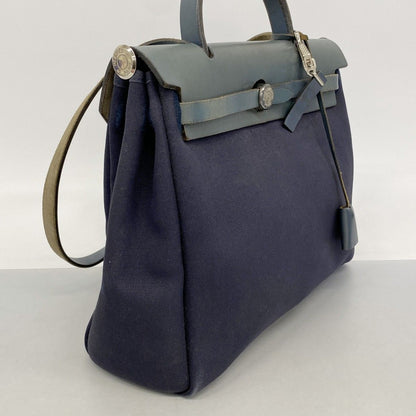 Hermes Handbag MM Toile Officier Navy Silver — view 2
