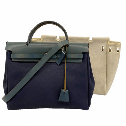 Hermes Handbag MM Toile Officier Navy Silver