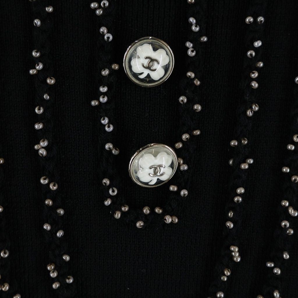 Chanel Coco Button Clover Front Bead Knee Length Knit Dress Black 34 — view 5