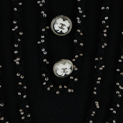 Chanel Coco Button Clover Front Bead Knee Length Knit Dress Black 34 — view 5