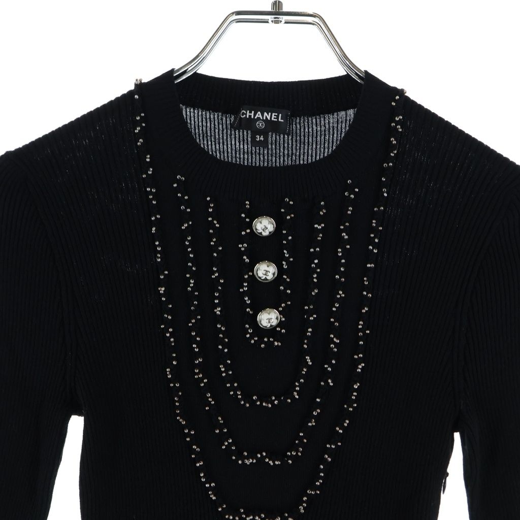 Chanel Coco Button Clover Front Bead Knee Length Knit Dress Black 34 — view 3