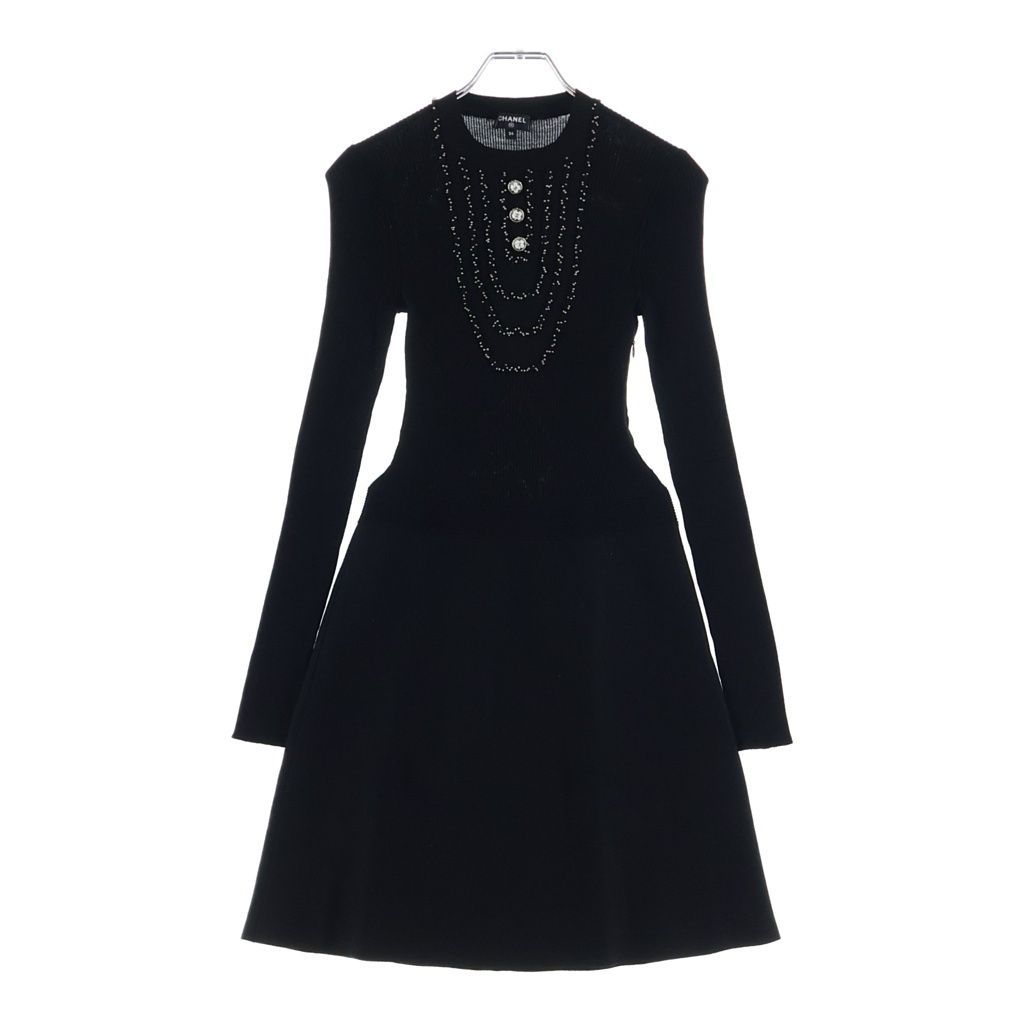 Chanel Coco Button Clover Front Bead Knee Length Knit Dress Black 34