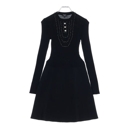 Chanel Coco Button Clover Front Bead Knee Length Knit Dress Black 34