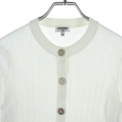Chanel CC Logo Metal Button Coco Knit Cardigan White Cotton — view 3