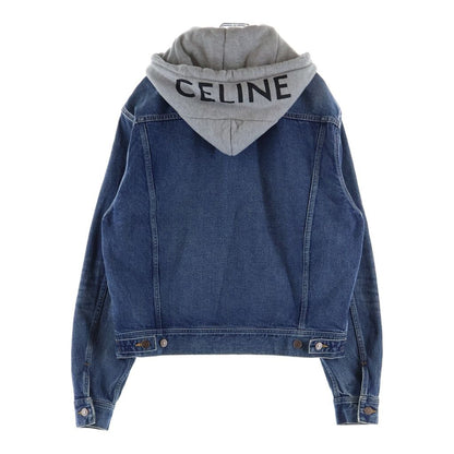 Celine Logo Printed Hooded Denim Trucker Jacket Indigo