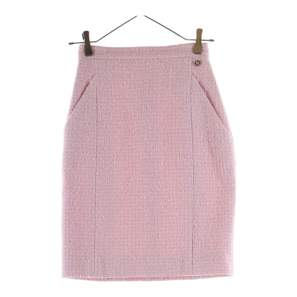 Chanel Coco Button Knee Length Tweed Skirt Pink 34