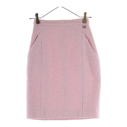 Chanel Coco Button Knee Length Tweed Skirt Pink 34