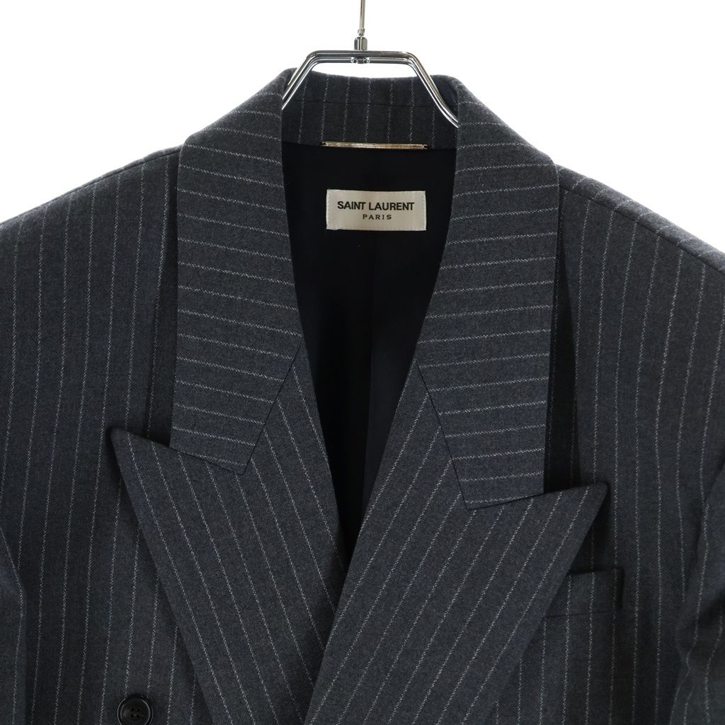Saint Laurent Paris Striped Pattern Double Breasted Wool Tailored Jacket Gray — view 3